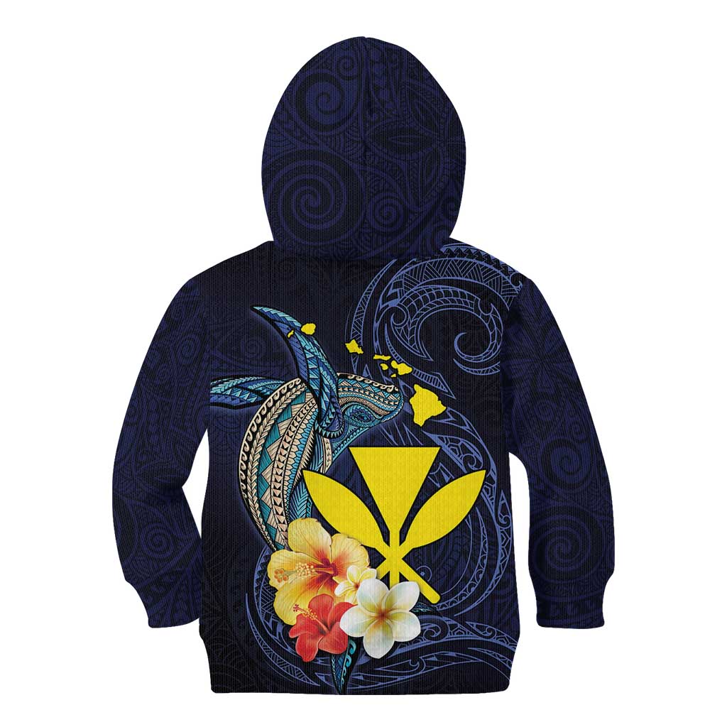 Hawaiian Whale and Kanaka Maoli Symbol Kid Hoodie Hibiscus with Hawaii Map and Polynesian Tattoo Deep Sea Color LT03 - Polynesian Pride