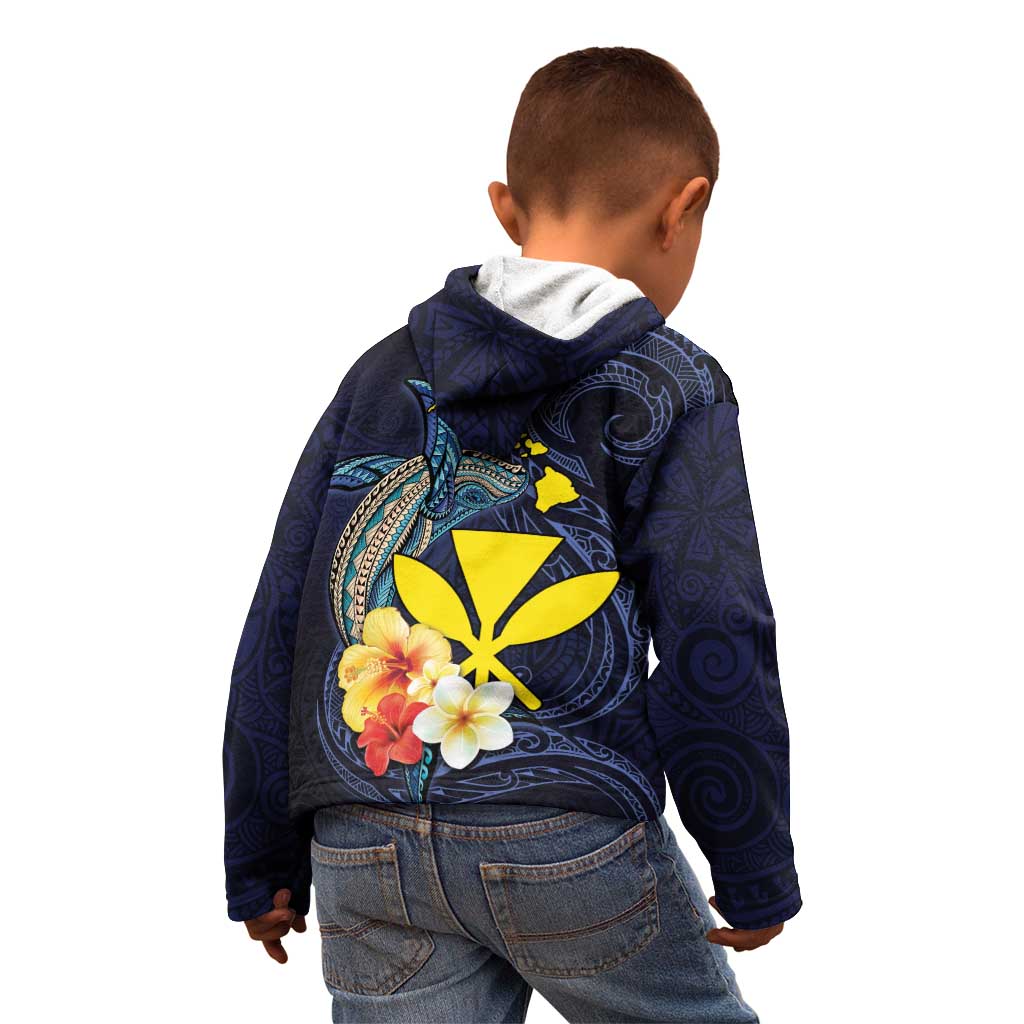 Hawaiian Whale and Kanaka Maoli Symbol Kid Hoodie Hibiscus with Hawaii Map and Polynesian Tattoo Deep Sea Color LT03 - Polynesian Pride