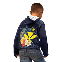 Hawaiian Whale and Kanaka Maoli Symbol Kid Hoodie Hibiscus with Hawaii Map and Polynesian Tattoo Deep Sea Color LT03 - Polynesian Pride