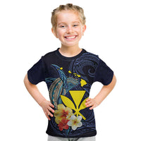 Hawaiian Whale and Kanaka Maoli Symbol Kid T Shirt Hibiscus with Hawaii Map and Polynesian Tattoo Deep Sea Color LT03 Blue - Polynesian Pride