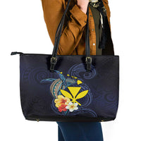 Hawaiian Whale and Kanaka Maoli Symbol Leather Tote Bag Hibiscus with Hawaii Map and Polynesian Tattoo Deep Sea Color LT03 - Polynesian Pride