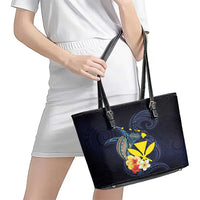 Hawaiian Whale and Kanaka Maoli Symbol Leather Tote Bag Hibiscus with Hawaii Map and Polynesian Tattoo Deep Sea Color LT03 - Polynesian Pride