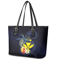 Hawaiian Whale and Kanaka Maoli Symbol Leather Tote Bag Hibiscus with Hawaii Map and Polynesian Tattoo Deep Sea Color LT03 - Polynesian Pride