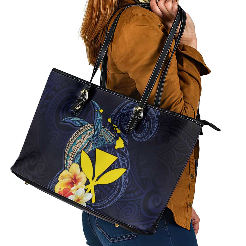 Hawaiian Whale and Kanaka Maoli Symbol Leather Tote Bag Hibiscus with Hawaii Map and Polynesian Tattoo Deep Sea Color LT03 - Polynesian Pride