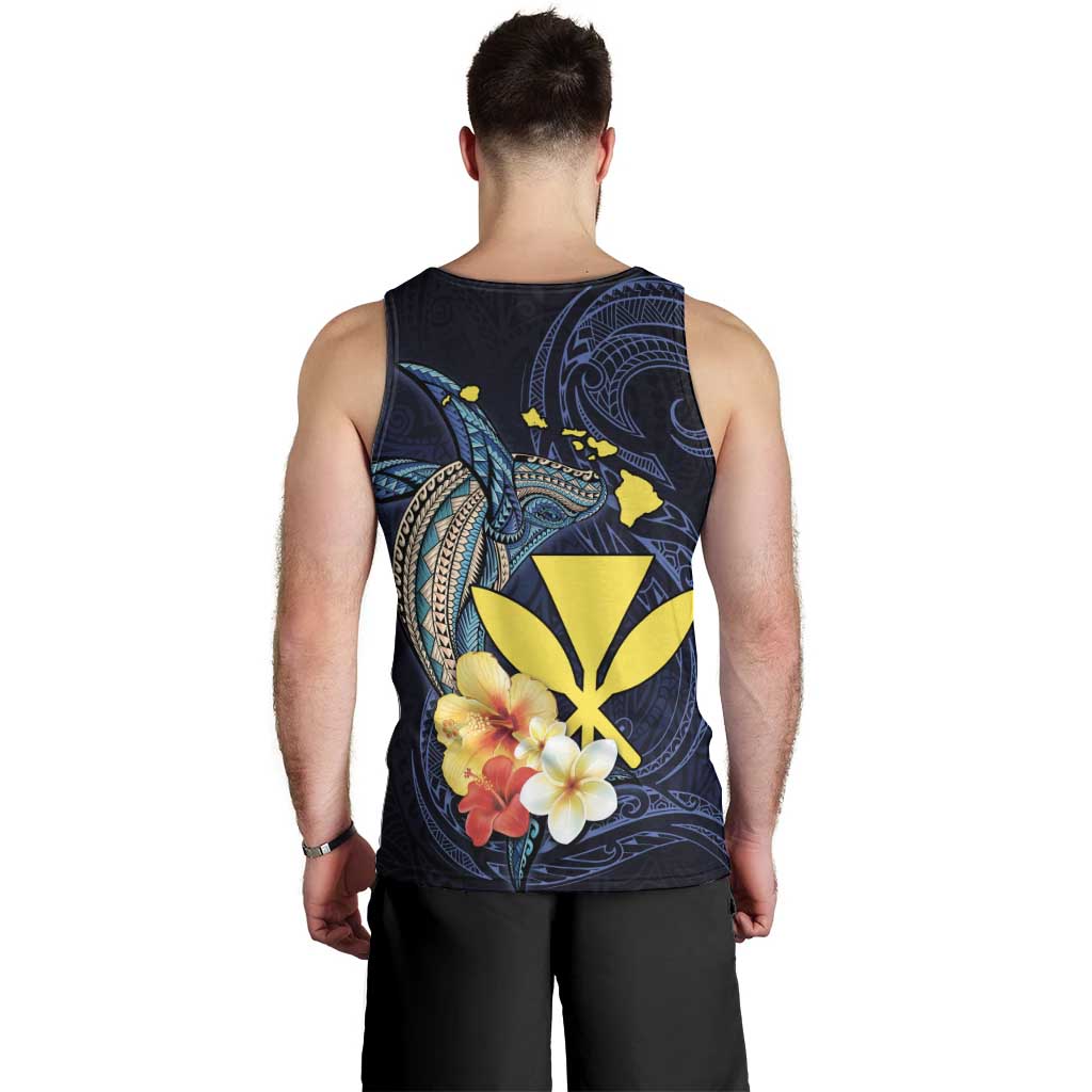 Hawaiian Whale and Kanaka Maoli Symbol Men Tank Top Hibiscus with Hawaii Map and Polynesian Tattoo Deep Sea Color LT03 - Polynesian Pride