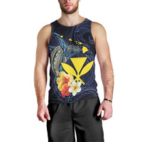 Hawaiian Whale and Kanaka Maoli Symbol Men Tank Top Hibiscus with Hawaii Map and Polynesian Tattoo Deep Sea Color LT03 - Polynesian Pride