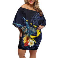Hawaiian Whale and Kanaka Maoli Symbol Off Shoulder Short Dress Hibiscus with Hawaii Map and Polynesian Tattoo Deep Sea Color LT03 Women Blue - Polynesian Pride