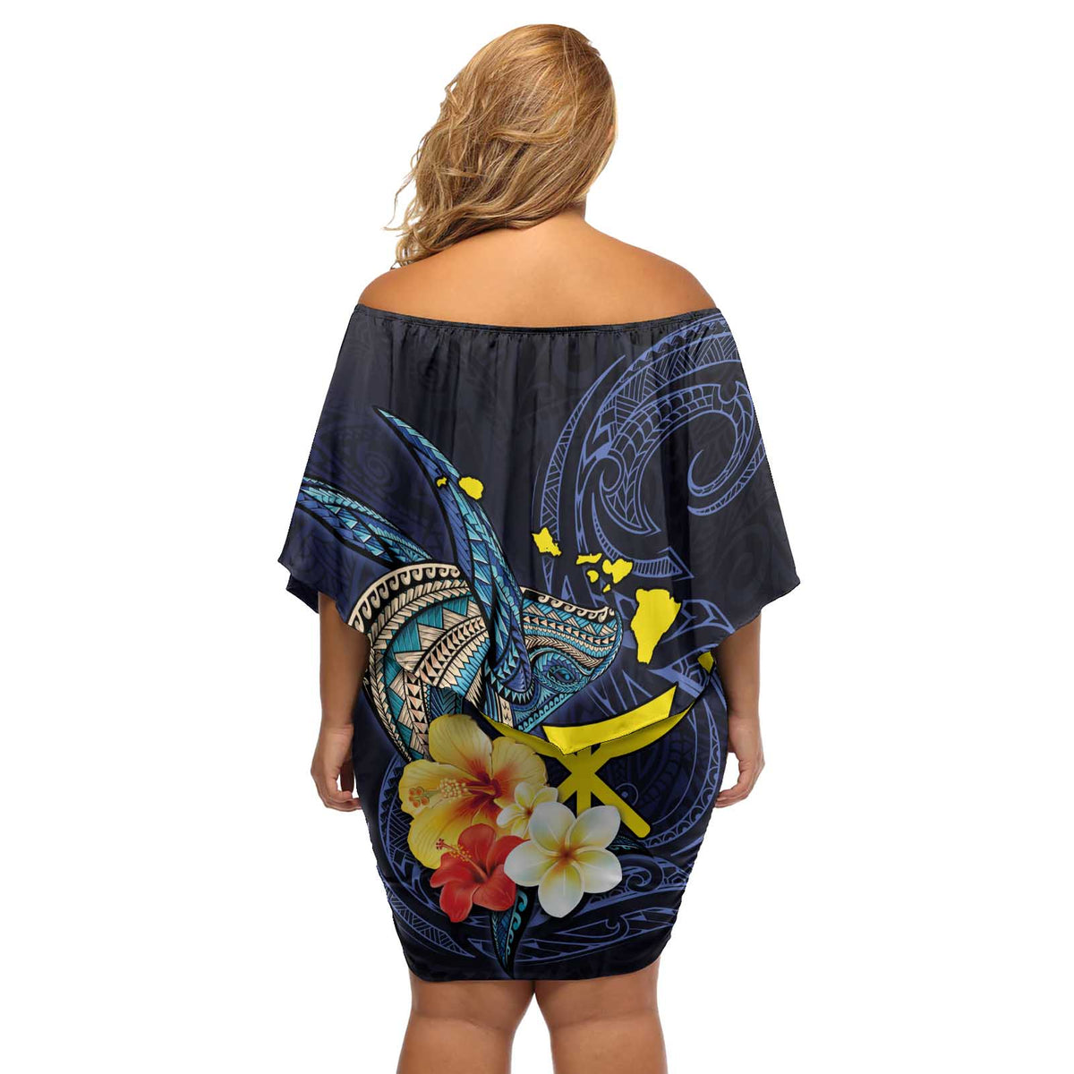 Hawaiian Whale and Kanaka Maoli Symbol Off Shoulder Short Dress Hibiscus with Hawaii Map and Polynesian Tattoo Deep Sea Color LT03 - Polynesian Pride