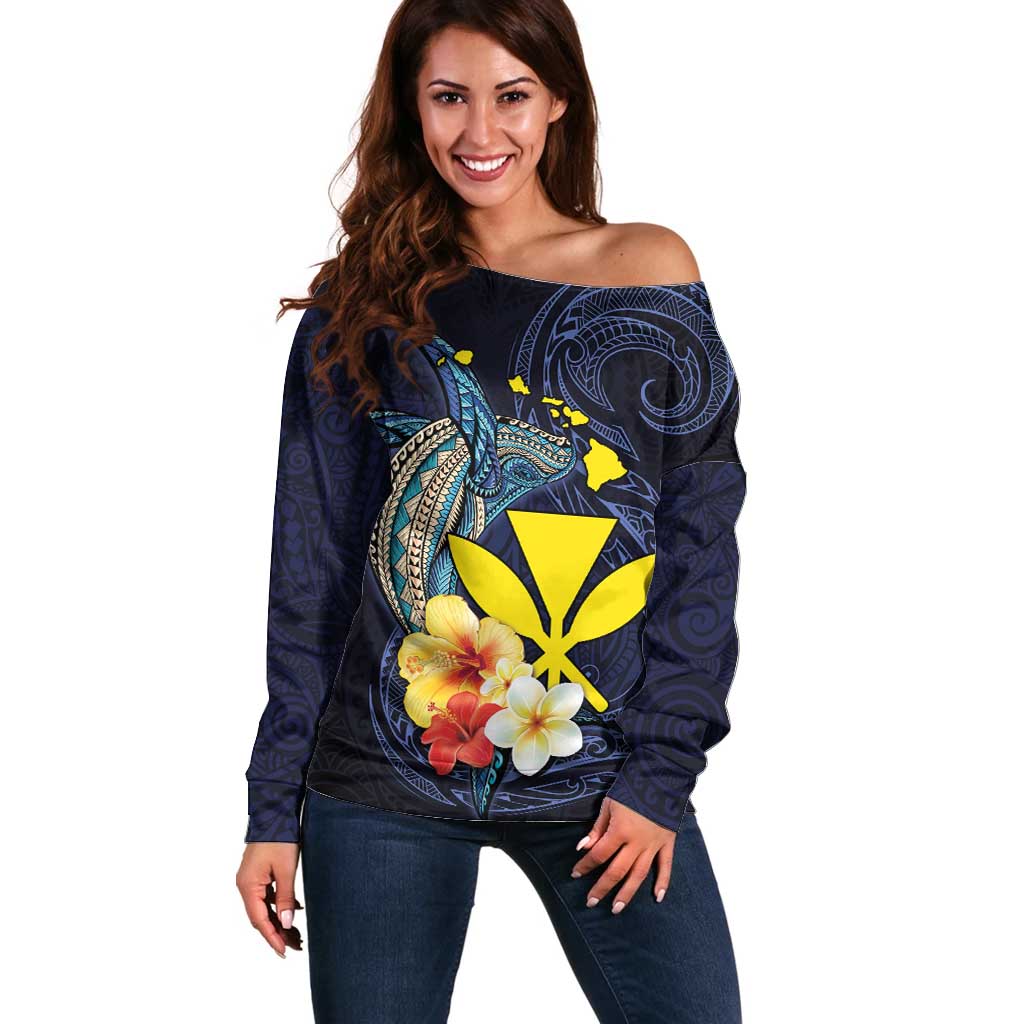 Hawaiian Whale and Kanaka Maoli Symbol Off Shoulder Sweater Hibiscus with Hawaii Map and Polynesian Tattoo Deep Sea Color LT03 Women Blue - Polynesian Pride