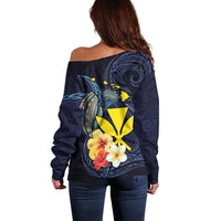 Hawaiian Whale and Kanaka Maoli Symbol Off Shoulder Sweater Hibiscus with Hawaii Map and Polynesian Tattoo Deep Sea Color LT03 - Polynesian Pride