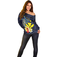 Hawaiian Whale and Kanaka Maoli Symbol Off Shoulder Sweater Hibiscus with Hawaii Map and Polynesian Tattoo Deep Sea Color LT03 - Polynesian Pride