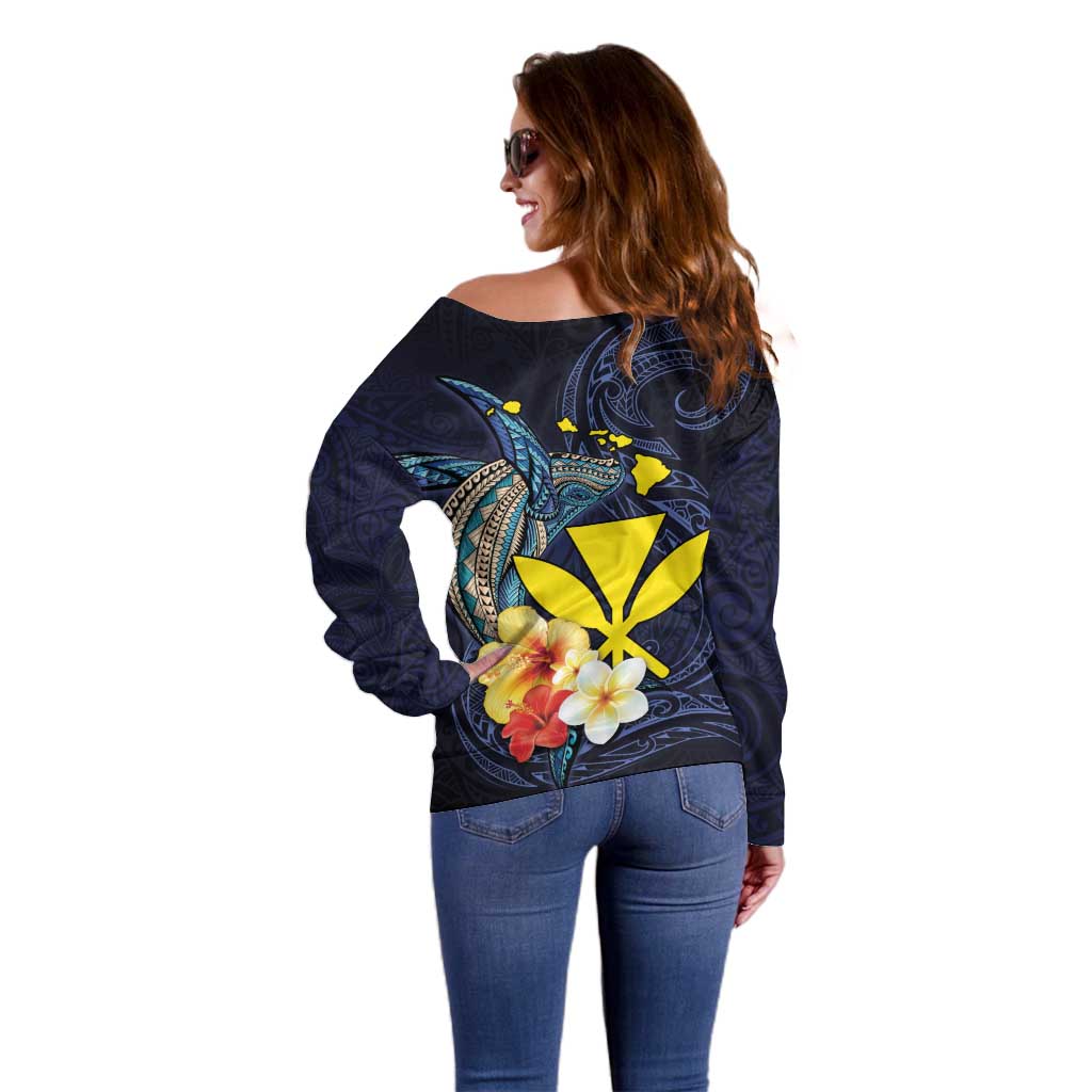 Hawaiian Whale and Kanaka Maoli Symbol Off Shoulder Sweater Hibiscus with Hawaii Map and Polynesian Tattoo Deep Sea Color LT03 - Polynesian Pride