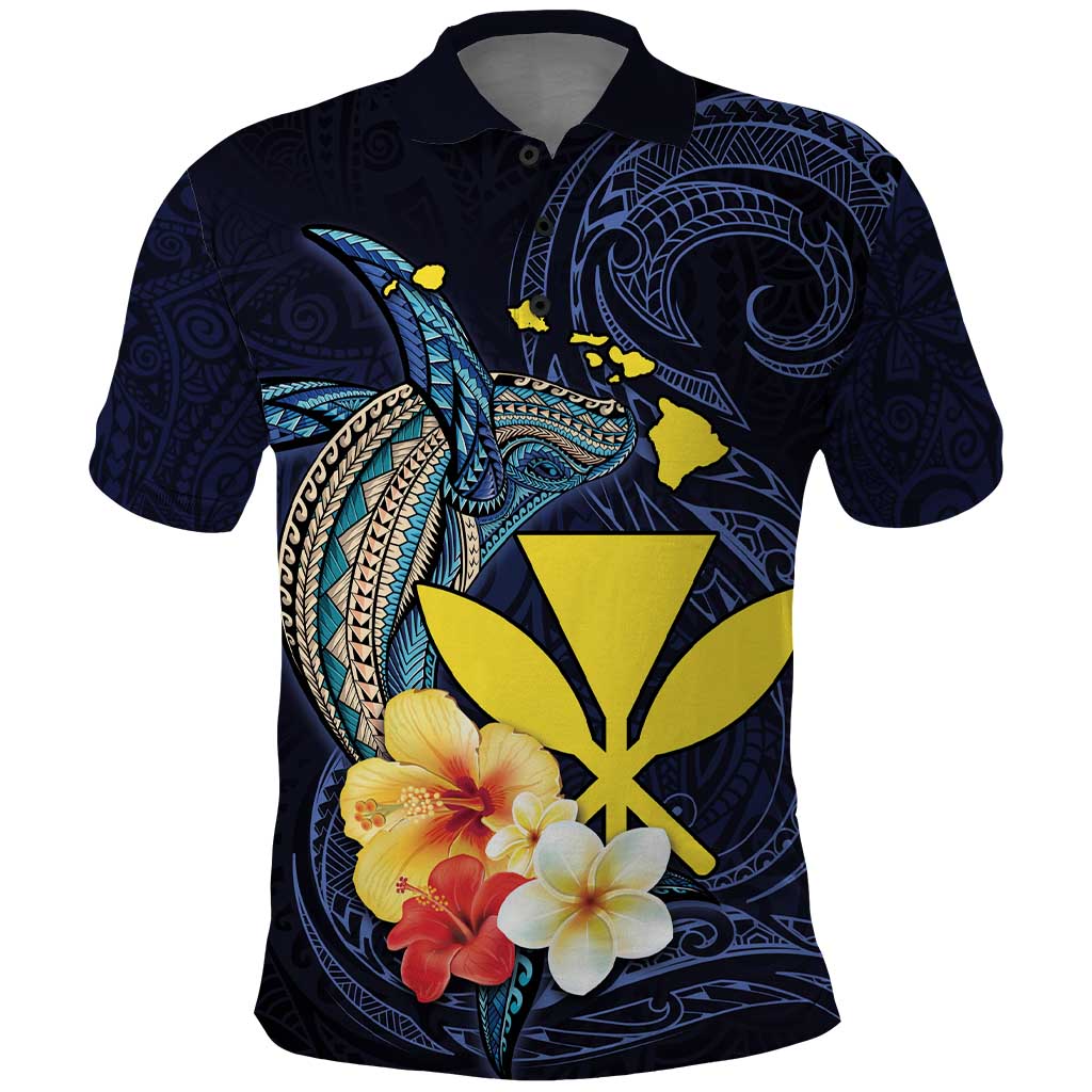 Hawaiian Whale and Kanaka Maoli Symbol Polo Shirt Hibiscus with Hawaii Map and Polynesian Tattoo Deep Sea Color LT03 Blue - Polynesian Pride