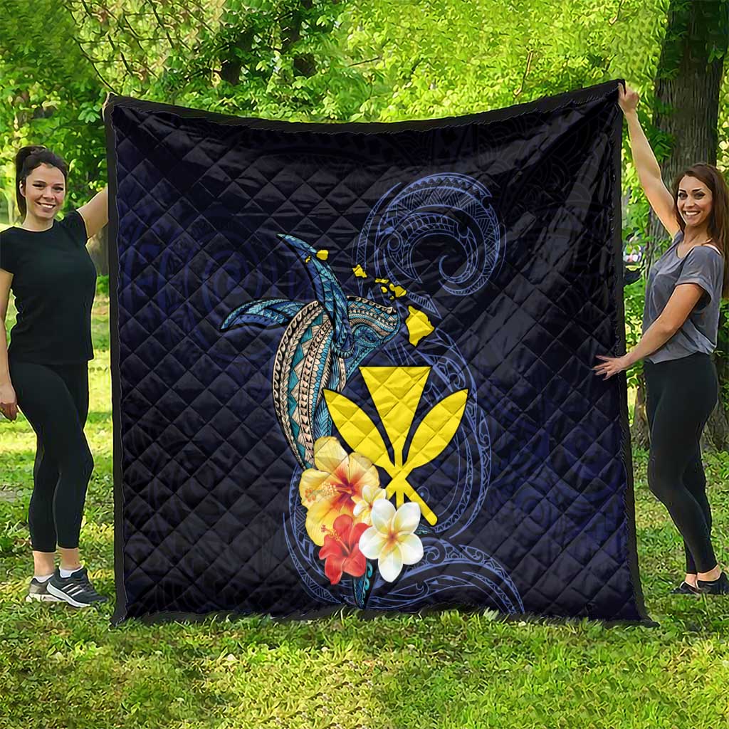 Hawaiian Whale and Kanaka Maoli Symbol Quilt Hibiscus with Hawaii Map and Polynesian Tattoo Deep Sea Color LT03 - Polynesian Pride