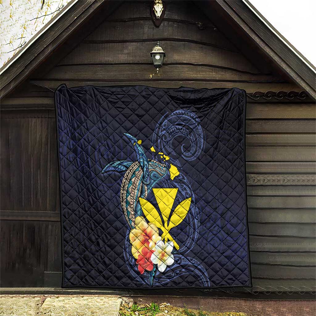 Hawaiian Whale and Kanaka Maoli Symbol Quilt Hibiscus with Hawaii Map and Polynesian Tattoo Deep Sea Color LT03 - Polynesian Pride