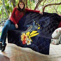 Hawaiian Whale and Kanaka Maoli Symbol Quilt Hibiscus with Hawaii Map and Polynesian Tattoo Deep Sea Color LT03 - Polynesian Pride