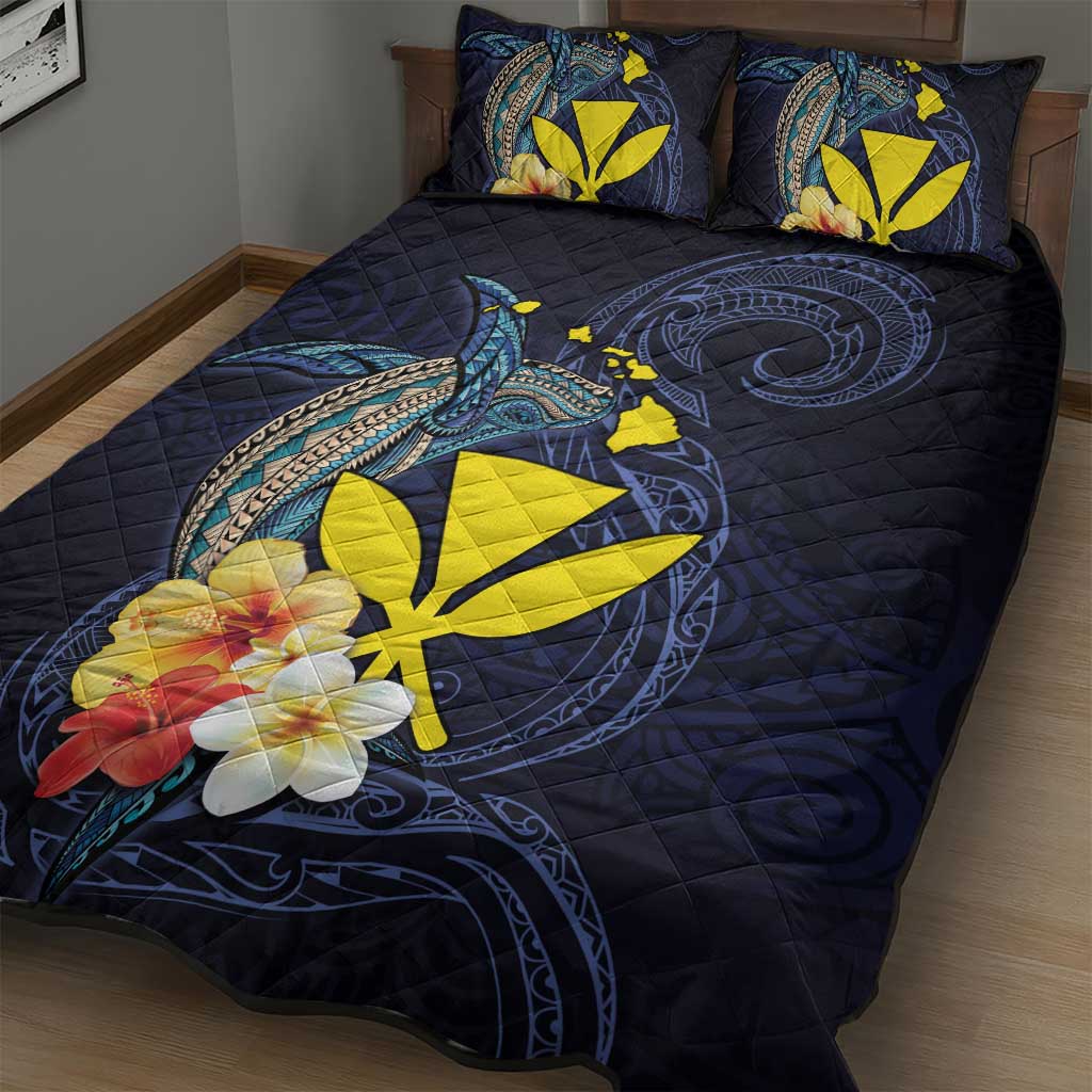 Hawaiian Whale and Kanaka Maoli Symbol Quilt Bed Set Hibiscus with Hawaii Map and Polynesian Tattoo Deep Sea Color LT03 - Polynesian Pride