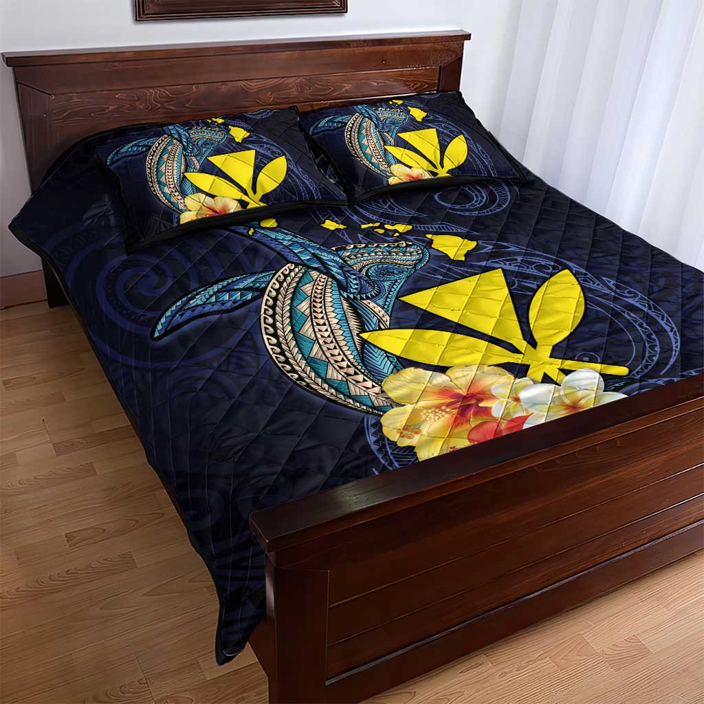 Hawaiian Whale and Kanaka Maoli Symbol Quilt Bed Set Hibiscus with Hawaii Map and Polynesian Tattoo Deep Sea Color LT03 - Polynesian Pride