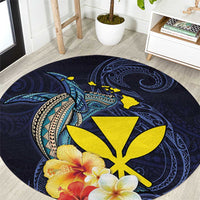 Hawaiian Whale and Kanaka Maoli Symbol Round Carpet Hibiscus with Hawaii Map and Polynesian Tattoo Deep Sea Color LT03 Blue - Polynesian Pride