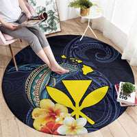 Hawaiian Whale and Kanaka Maoli Symbol Round Carpet Hibiscus with Hawaii Map and Polynesian Tattoo Deep Sea Color LT03 - Polynesian Pride