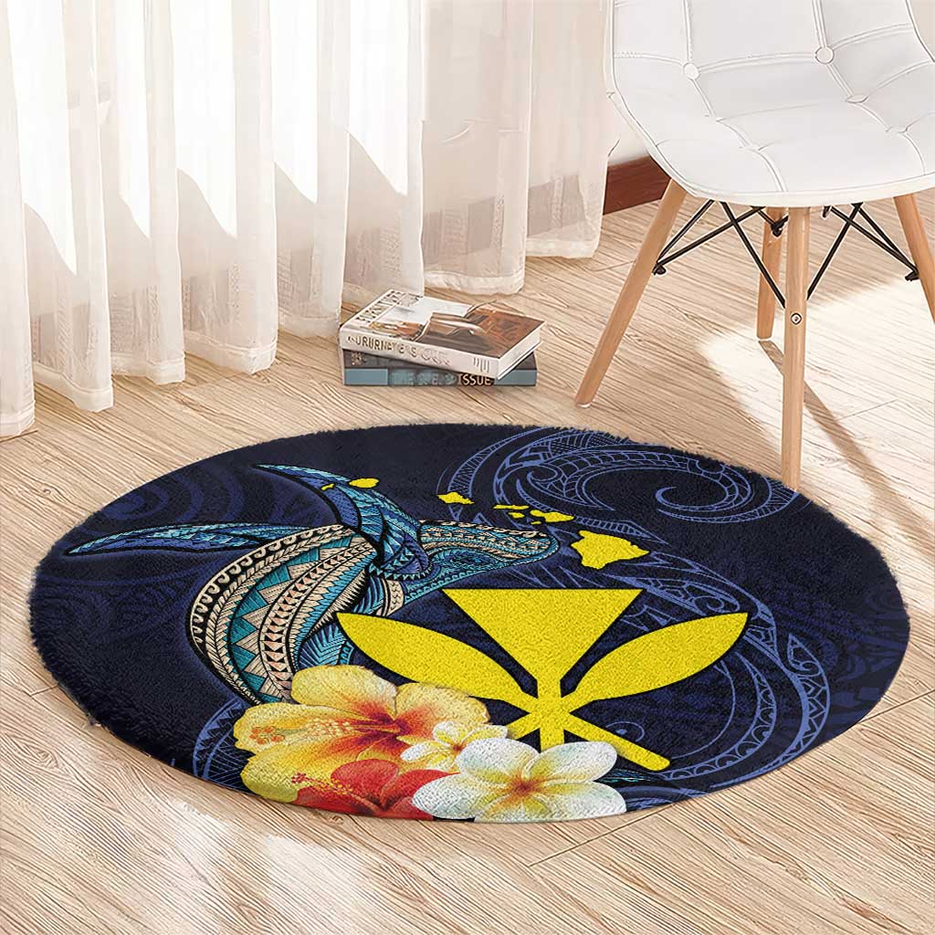 Hawaiian Whale and Kanaka Maoli Symbol Round Carpet Hibiscus with Hawaii Map and Polynesian Tattoo Deep Sea Color LT03 - Polynesian Pride
