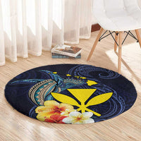 Hawaiian Whale and Kanaka Maoli Symbol Round Carpet Hibiscus with Hawaii Map and Polynesian Tattoo Deep Sea Color LT03 - Polynesian Pride