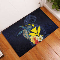 Hawaiian Whale and Kanaka Maoli Symbol Rubber Doormat Hibiscus with Hawaii Map and Polynesian Tattoo Deep Sea Color LT03 - Polynesian Pride