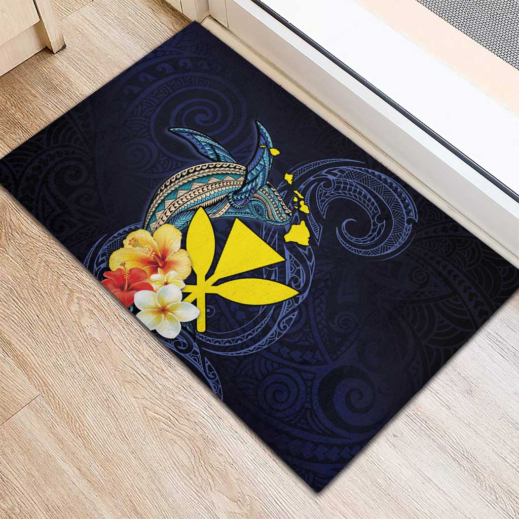 Hawaiian Whale and Kanaka Maoli Symbol Rubber Doormat Hibiscus with Hawaii Map and Polynesian Tattoo Deep Sea Color LT03 - Polynesian Pride