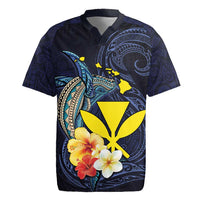Hawaiian Whale and Kanaka Maoli Symbol Rugby Jersey Hibiscus with Hawaii Map and Polynesian Tattoo Deep Sea Color LT03 Blue - Polynesian Pride