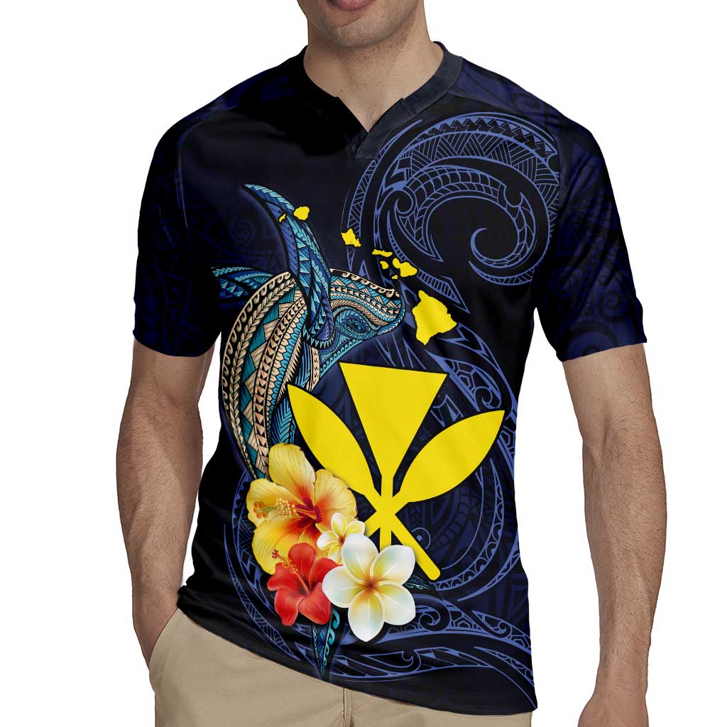 Hawaiian Whale and Kanaka Maoli Symbol Rugby Jersey Hibiscus with Hawaii Map and Polynesian Tattoo Deep Sea Color LT03 - Polynesian Pride
