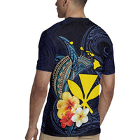 Hawaiian Whale and Kanaka Maoli Symbol Rugby Jersey Hibiscus with Hawaii Map and Polynesian Tattoo Deep Sea Color LT03 - Polynesian Pride