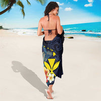 Hawaiian Whale and Kanaka Maoli Symbol Sarong Hibiscus with Hawaii Map and Polynesian Tattoo Deep Sea Color LT03 - Polynesian Pride