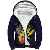 Hawaiian Whale and Kanaka Maoli Symbol Sherpa Hoodie Hibiscus with Hawaii Map and Polynesian Tattoo Deep Sea Color LT03 Unisex Blue - Polynesian Pride