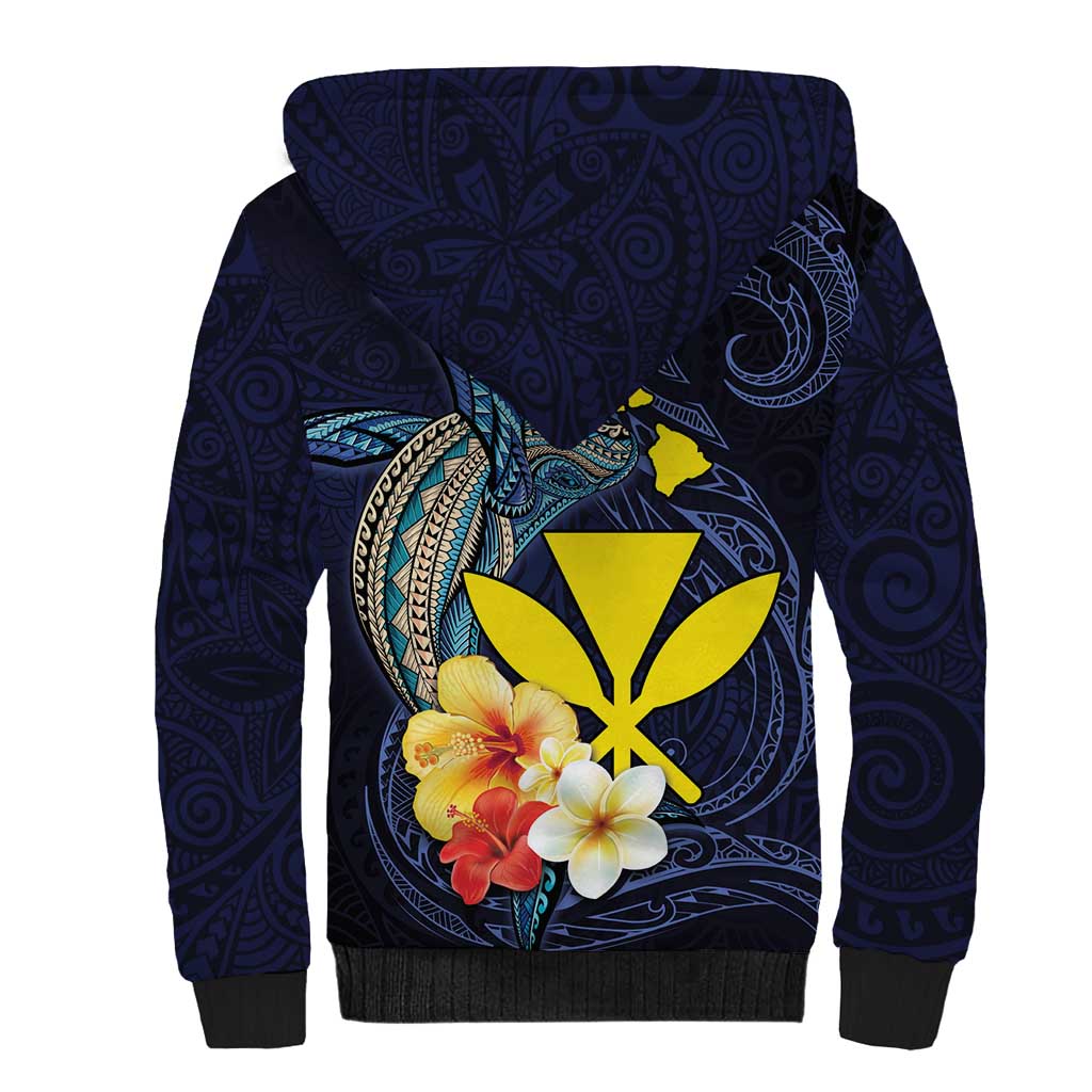 Hawaiian Whale and Kanaka Maoli Symbol Sherpa Hoodie Hibiscus with Hawaii Map and Polynesian Tattoo Deep Sea Color LT03 - Polynesian Pride