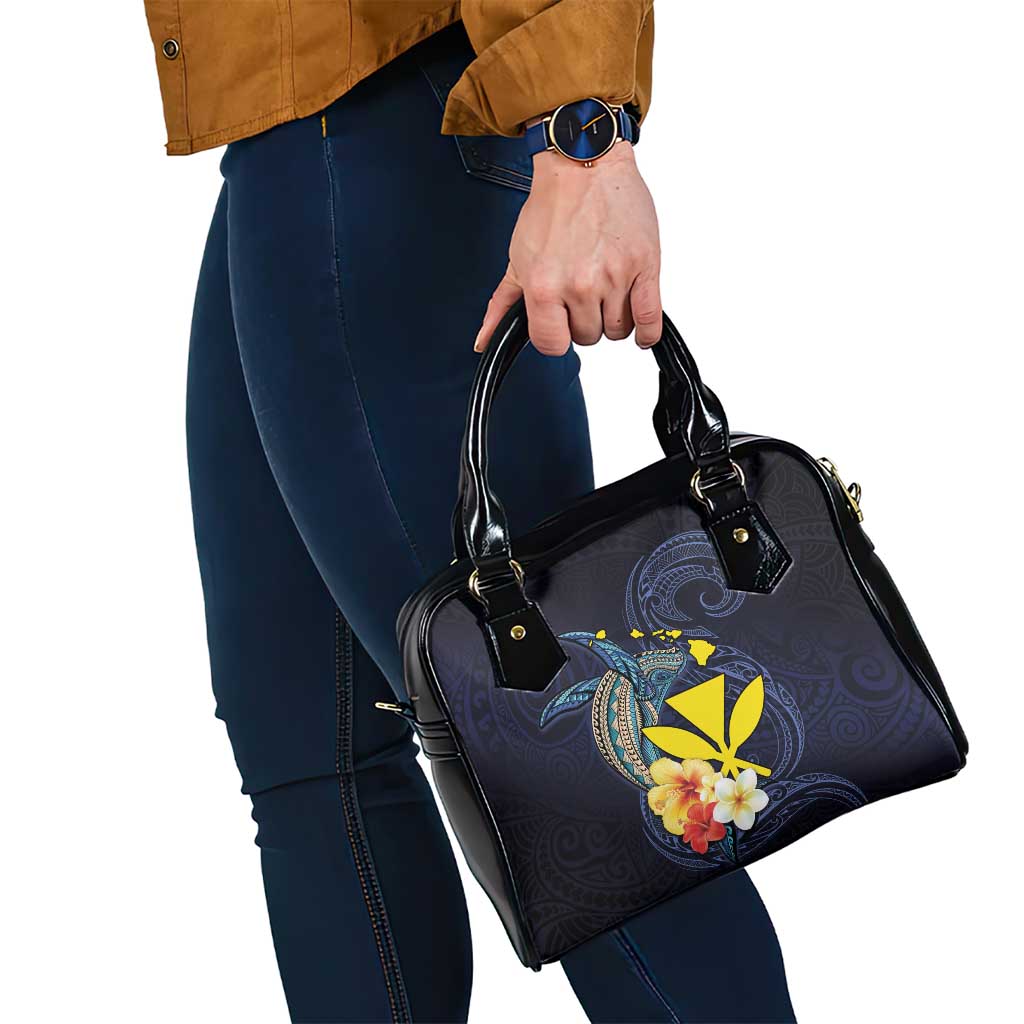 Hawaiian Whale and Kanaka Maoli Symbol Shoulder Handbag Hibiscus with Hawaii Map and Polynesian Tattoo Deep Sea Color LT03 - Polynesian Pride