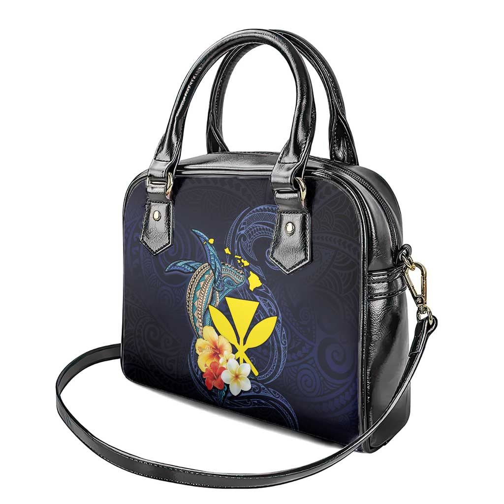 Hawaiian Whale and Kanaka Maoli Symbol Shoulder Handbag Hibiscus with Hawaii Map and Polynesian Tattoo Deep Sea Color LT03 - Polynesian Pride