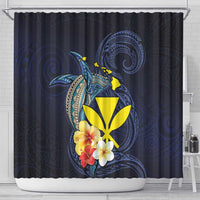 Hawaiian Whale and Kanaka Maoli Symbol Shower Curtain Hibiscus with Hawaii Map and Polynesian Tattoo Deep Sea Color LT03 - Polynesian Pride