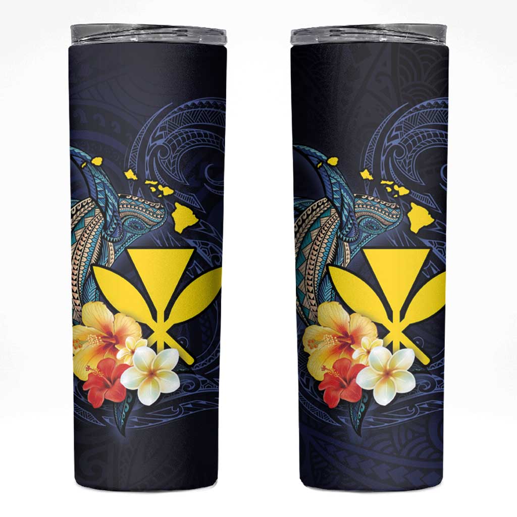 Hawaiian Whale and Kanaka Maoli Symbol Skinny Tumbler Hibiscus with Hawaii Map and Polynesian Tattoo Deep Sea Color LT03 Blue - Polynesian Pride