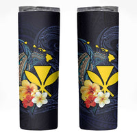 Hawaiian Whale and Kanaka Maoli Symbol Skinny Tumbler Hibiscus with Hawaii Map and Polynesian Tattoo Deep Sea Color LT03 Blue - Polynesian Pride