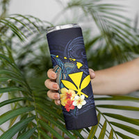 Hawaiian Whale and Kanaka Maoli Symbol Skinny Tumbler Hibiscus with Hawaii Map and Polynesian Tattoo Deep Sea Color LT03 - Polynesian Pride