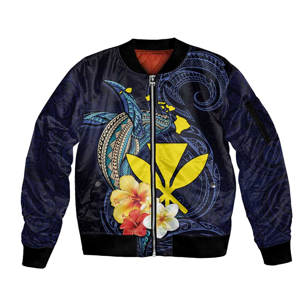 Hawaiian Whale and Kanaka Maoli Symbol Sleeve Zip Bomber Jacket Hibiscus with Hawaii Map and Polynesian Tattoo Deep Sea Color LT03 Unisex Blue - Polynesian Pride
