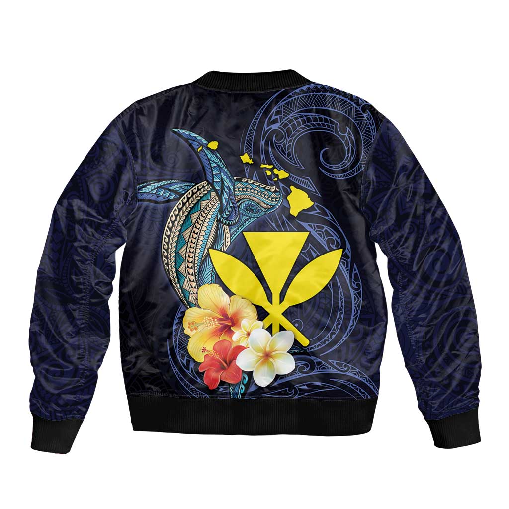 Hawaiian Whale and Kanaka Maoli Symbol Sleeve Zip Bomber Jacket Hibiscus with Hawaii Map and Polynesian Tattoo Deep Sea Color LT03 - Polynesian Pride