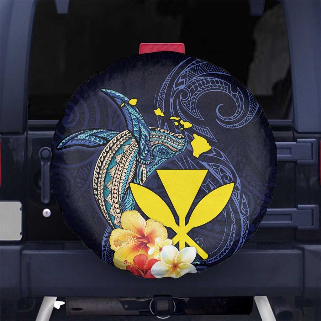Hawaiian Whale and Kanaka Maoli Symbol Spare Tire Cover Hibiscus with Hawaii Map and Polynesian Tattoo Deep Sea Color LT03 - Polynesian Pride