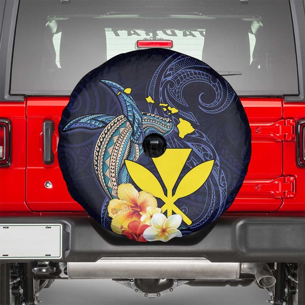 Hawaiian Whale and Kanaka Maoli Symbol Spare Tire Cover Hibiscus with Hawaii Map and Polynesian Tattoo Deep Sea Color LT03 - Polynesian Pride