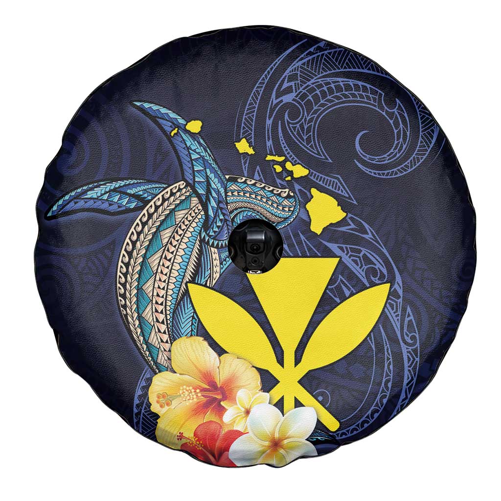 Hawaiian Whale and Kanaka Maoli Symbol Spare Tire Cover Hibiscus with Hawaii Map and Polynesian Tattoo Deep Sea Color LT03 - Polynesian Pride
