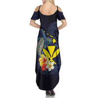 Hawaiian Whale and Kanaka Maoli Symbol Summer Maxi Dress Hibiscus with Hawaii Map and Polynesian Tattoo Deep Sea Color LT03 - Polynesian Pride