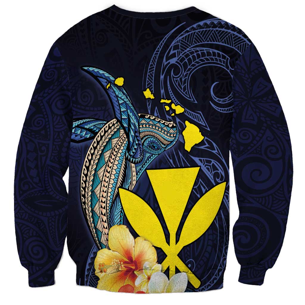 Hawaiian Whale and Kanaka Maoli Symbol Sweatshirt Hibiscus with Hawaii Map and Polynesian Tattoo Deep Sea Color LT03 - Polynesian Pride