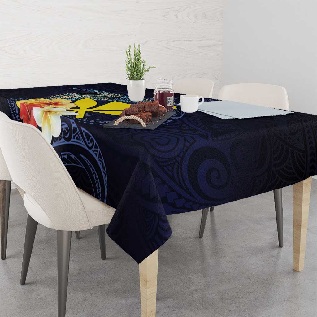 Hawaiian Whale and Kanaka Maoli Symbol Tablecloth Hibiscus with Hawaii Map and Polynesian Tattoo Deep Sea Color LT03 - Polynesian Pride
