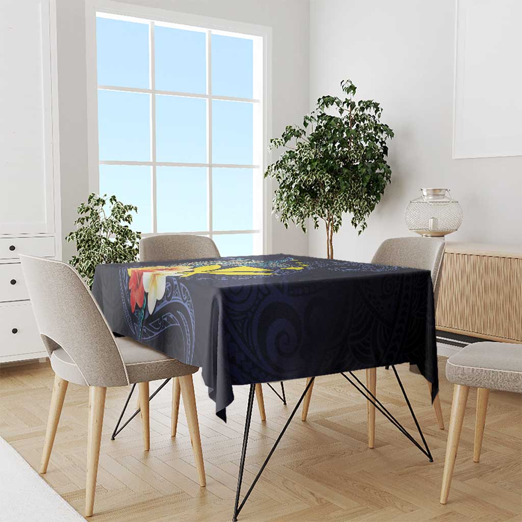 Hawaiian Whale and Kanaka Maoli Symbol Tablecloth Hibiscus with Hawaii Map and Polynesian Tattoo Deep Sea Color LT03 - Polynesian Pride