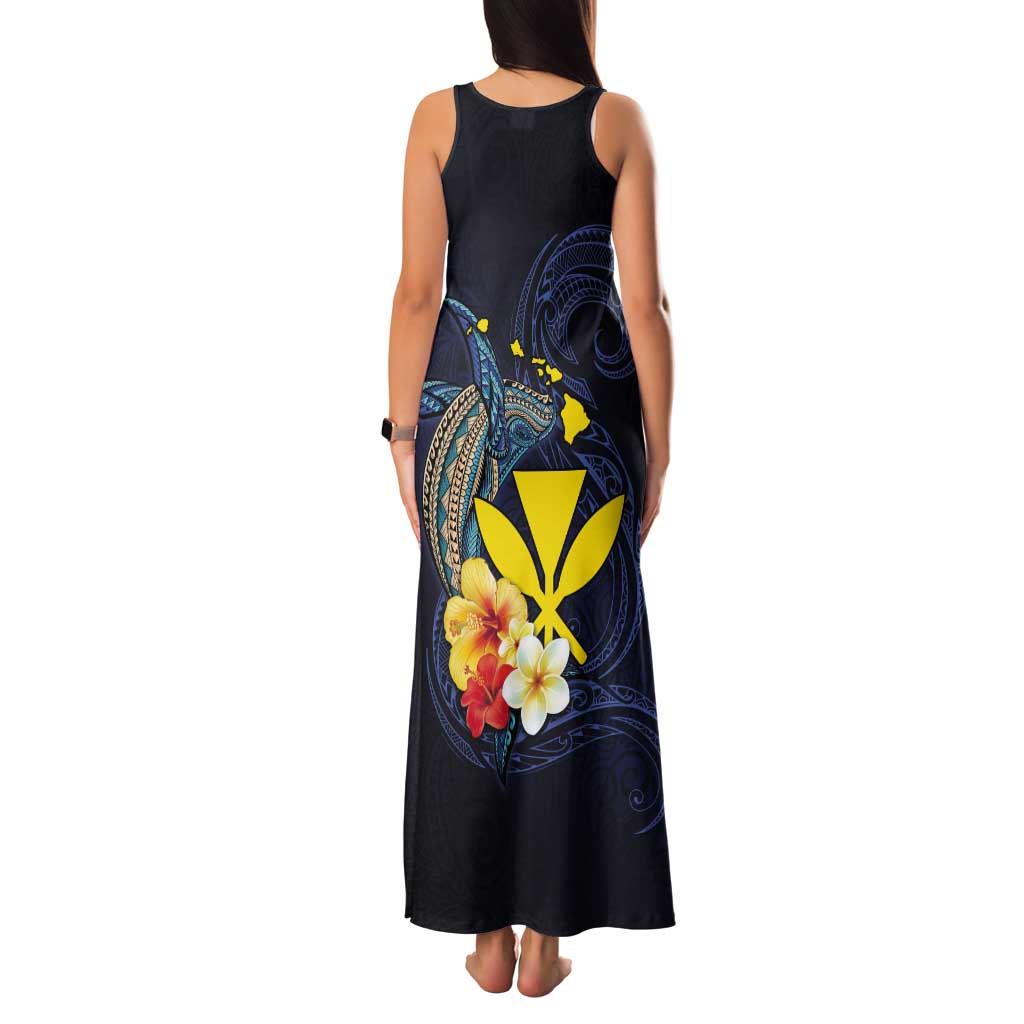 Hawaiian Whale and Kanaka Maoli Symbol Tank Maxi Dress Hibiscus with Hawaii Map and Polynesian Tattoo Deep Sea Color LT03 - Polynesian Pride